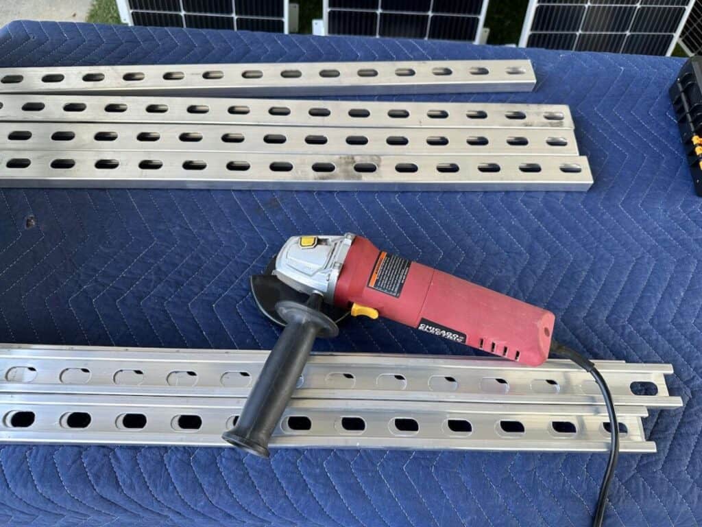 RV Solar Panel Mount strut and angle grinder