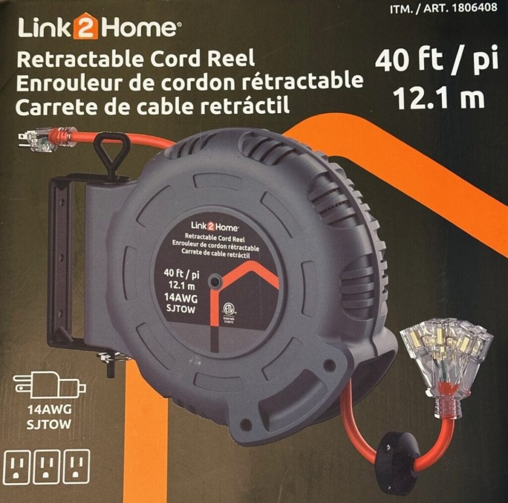 Retractable cord reel box front