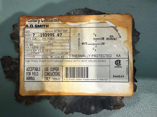Old pool pump motor label